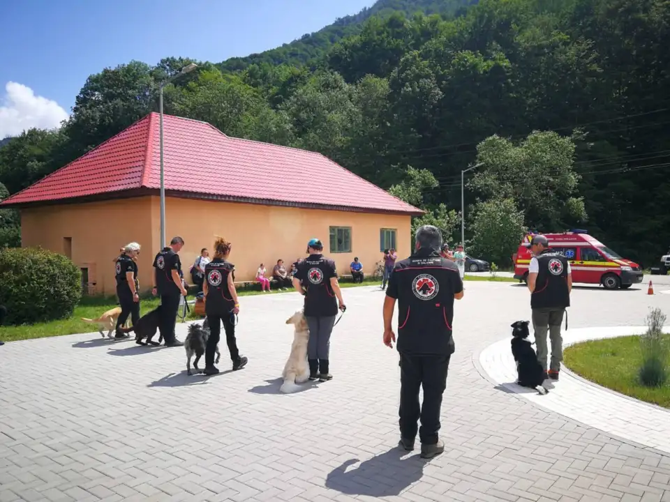 Echipa Clubul Câinilor Utilitari, la exercițiul Zilele Prevenirii Dezastrelor, derulat în luna iunie 2023 în comuna Întregalde, județul Alba - foto: NewsEnergy